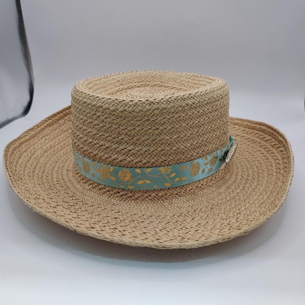 Toucan New York Los‎ Angeles Straw Hat With Flowered Band Vintage Pin Wide Brim